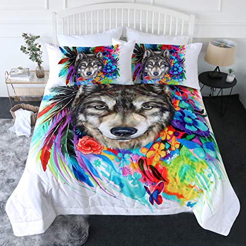 BlessLiving Wolf Comforter Set Twin for Girls 3 Piece Wolf Flower ...