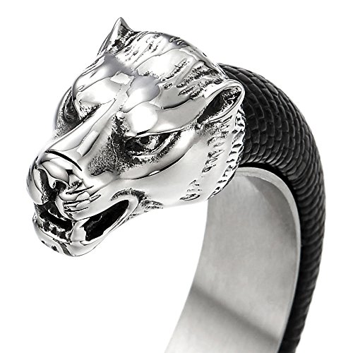 COOLSTEELANDBEYOND Mens Steel Wolf Head Open Cuff Bangle Bracelet ...