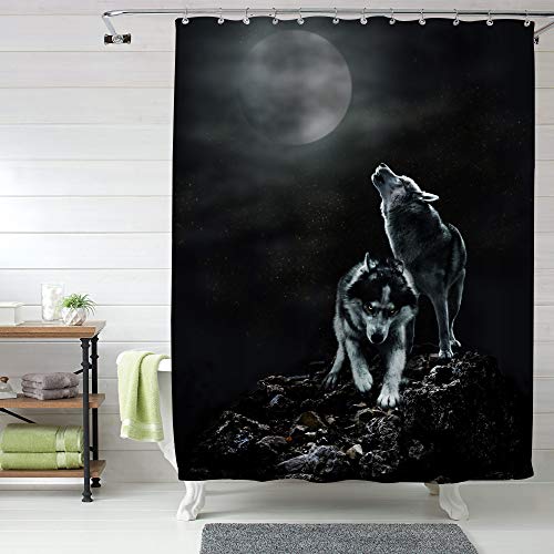 MitoVilla Howling Wolf Shower Curtain Set with Hooks for Black Bathroom